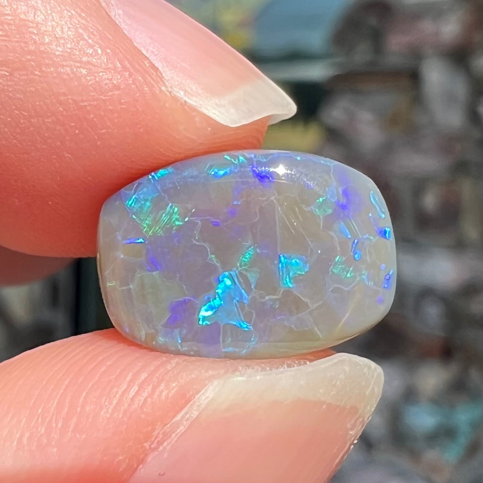 A loose, barrel shaped semi-black opal from Lightning Ridge, Australia.  The opal has blue colors.