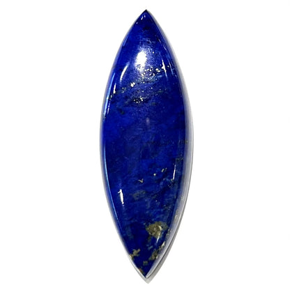 A loose, marquise cabochon cut lapis lazuli stone.  The stone has pyrite inclusions.