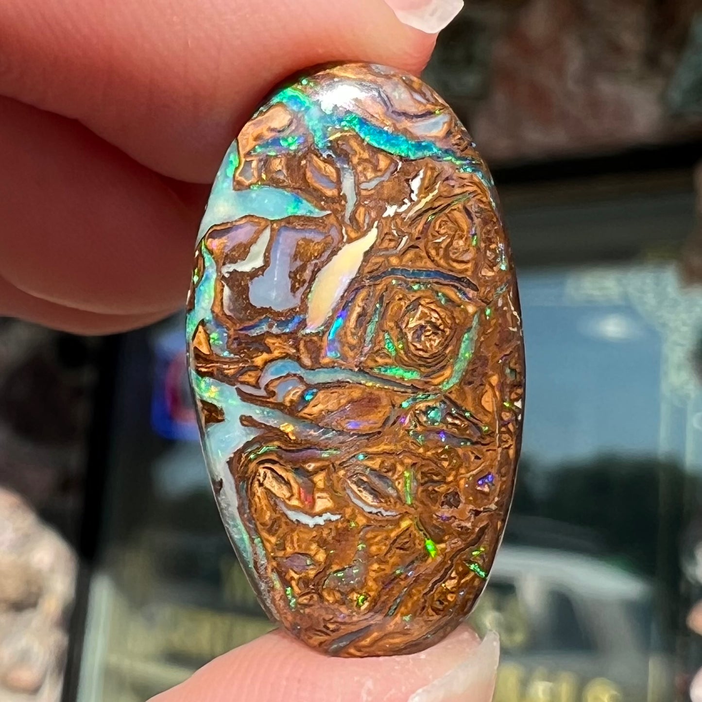 A loose, oval shaped Koroit boulder matrix opal.  The stone has patterns that resembles a rose.