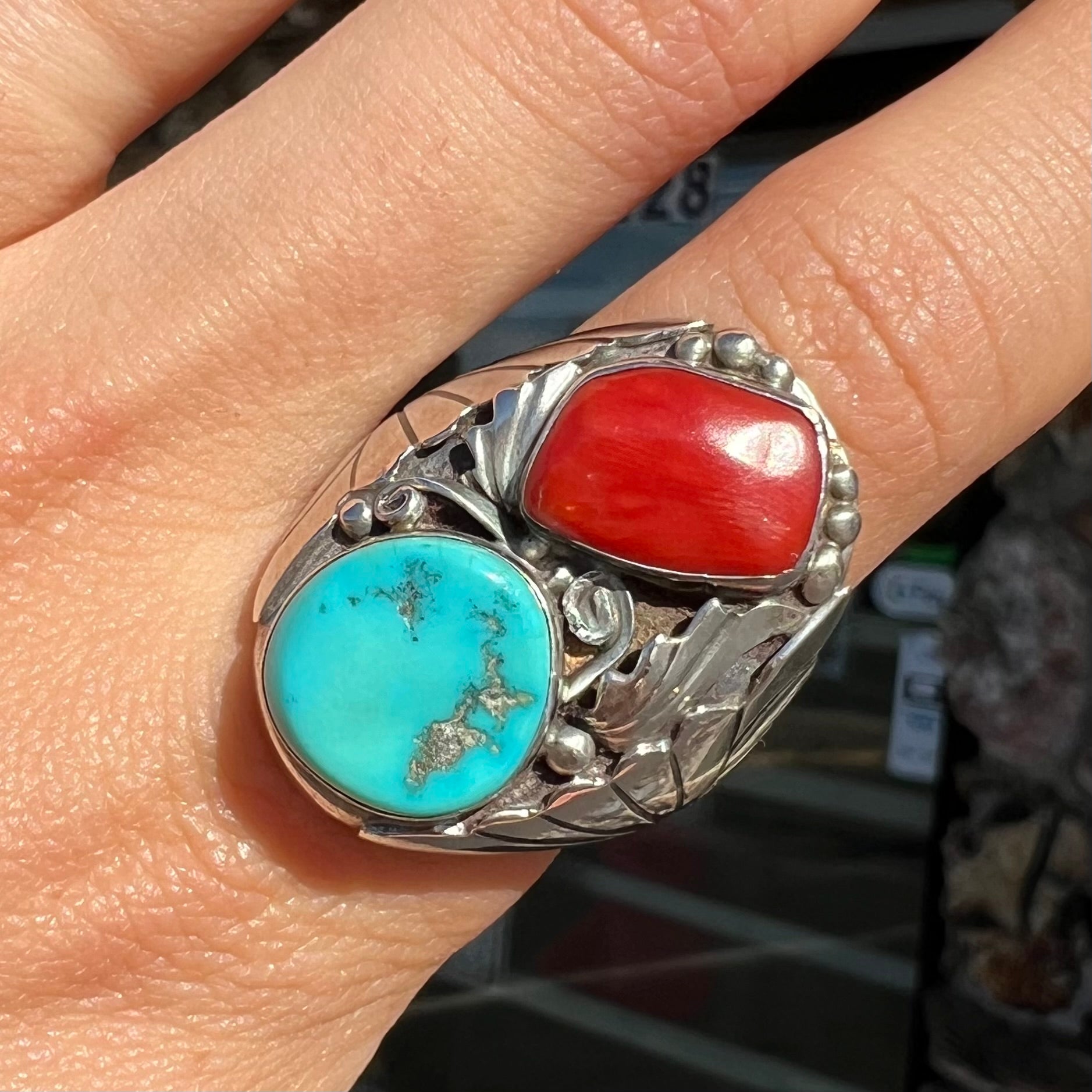 Vintage Sterling Silver outlet Men's Turquoise and Coral ring size 12