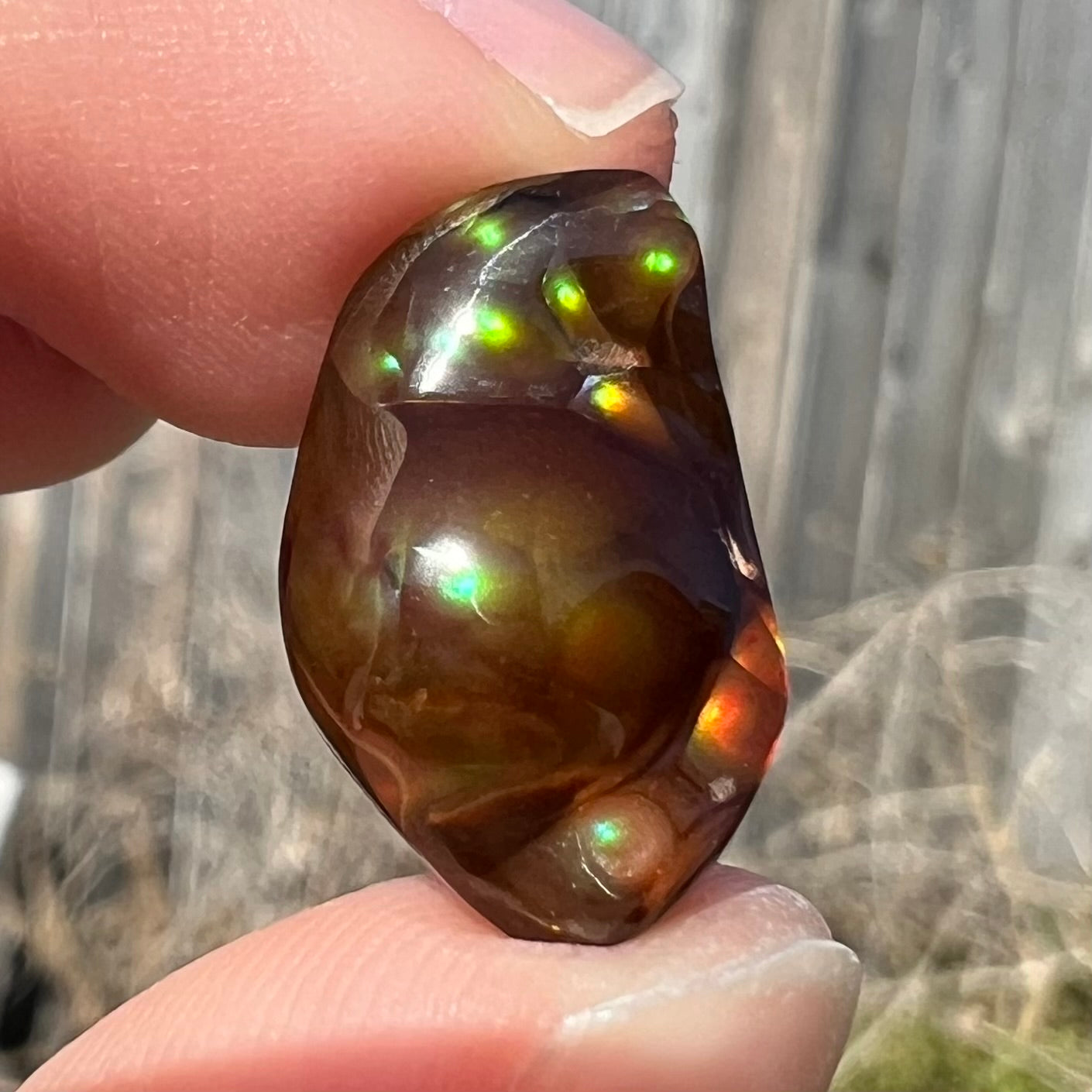 A loose fire agate stone.  The stone has a rainbow of metallic iridescence.