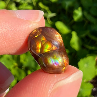 A freeform Mexican fire agate cabochon.  The stone shines with bands of green, red, orange, blue, and purple.