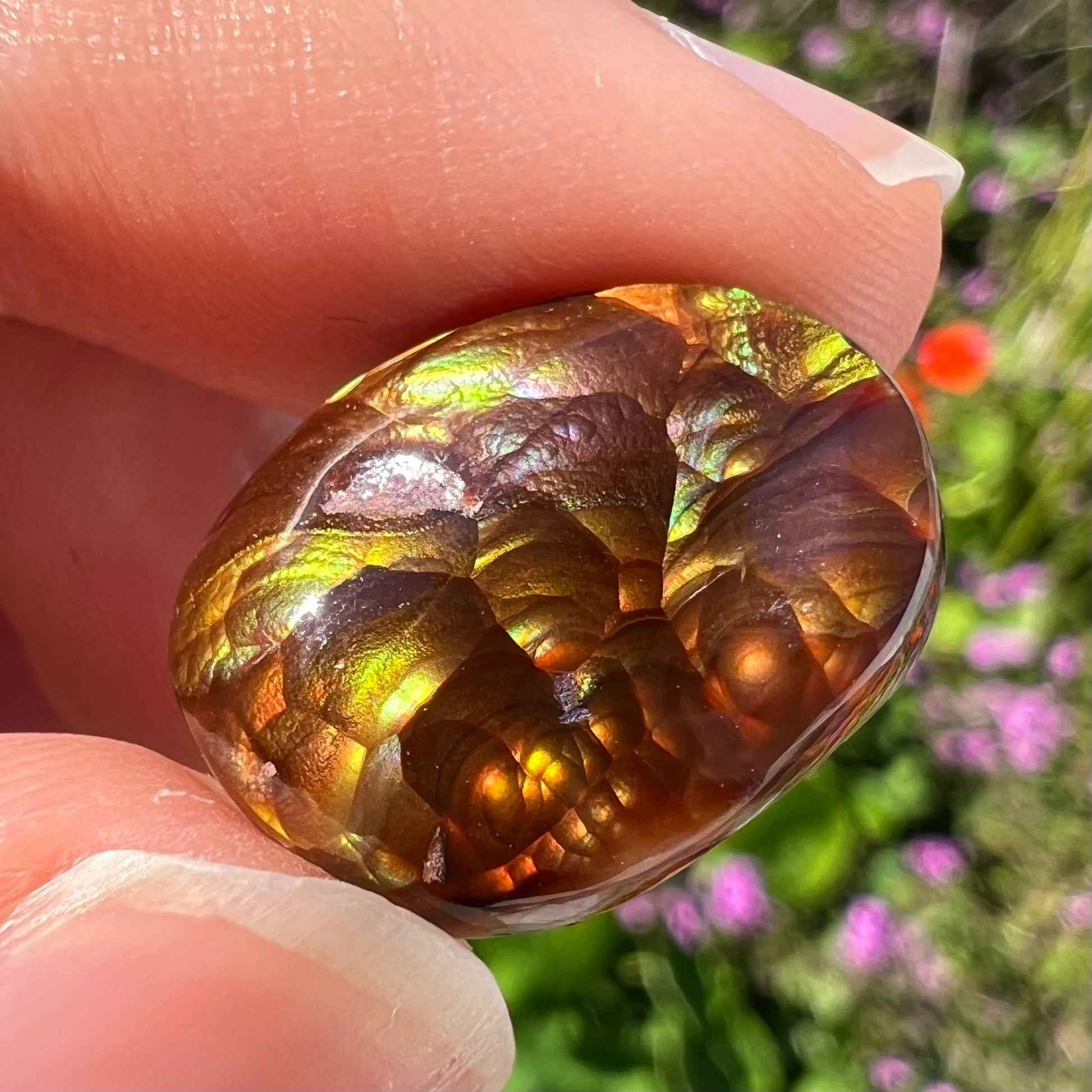 An oval cabochon cut Mexican fire agate stone.  The stone's predominant colors are green, yellow, orange, and blue.