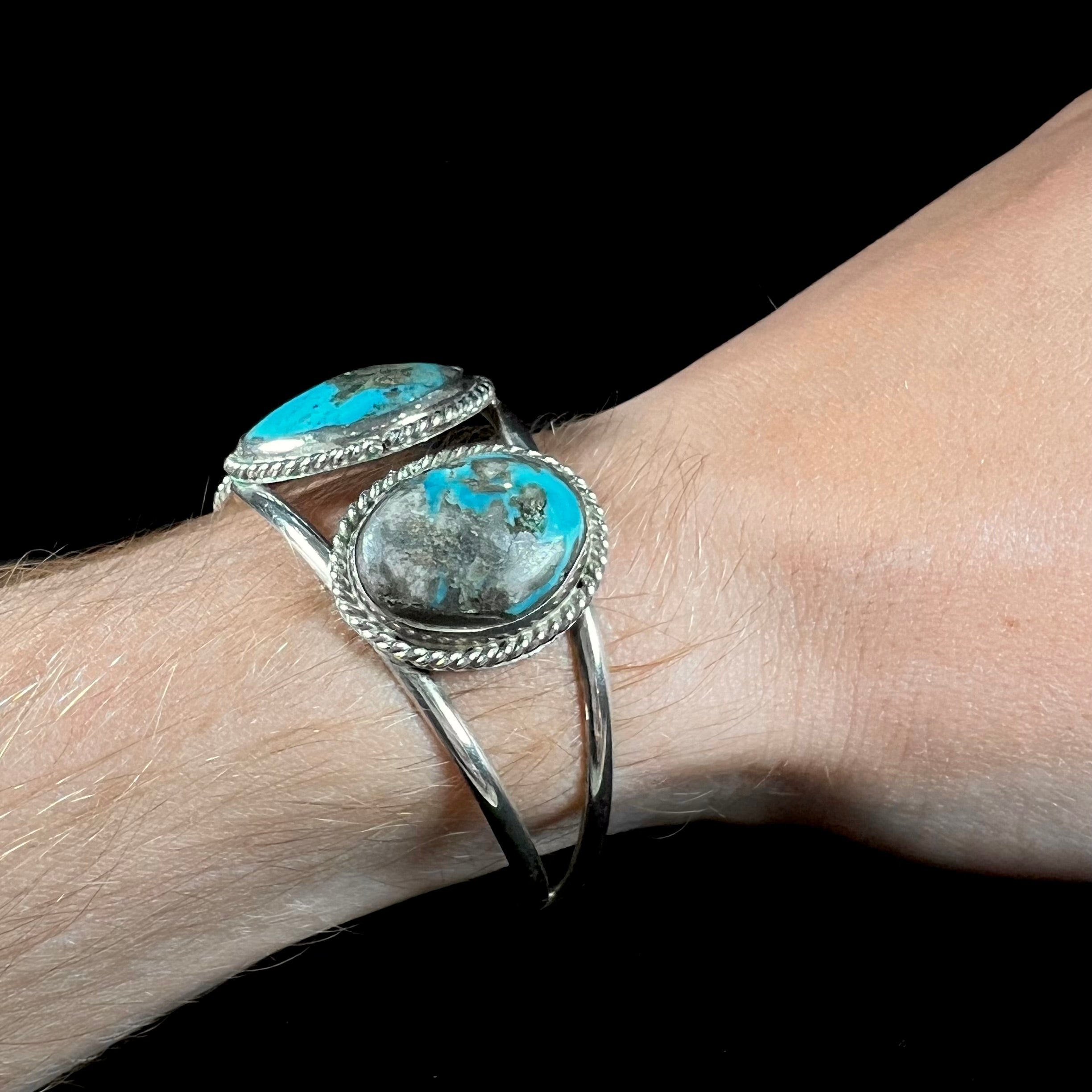 Turquoise Silver Cuff - on sale Vintage 1960s Italian Florentine Cuff Bracelet in Silvertone with Turquoise Color Stones A.S. Florence, Italy