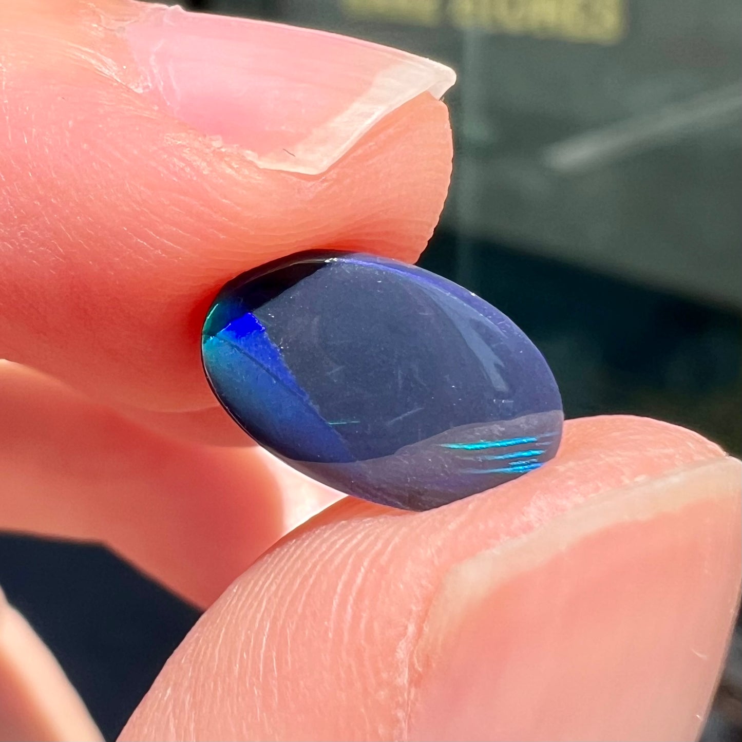 A loose, oval cabochon cut black opal from Lightning Ridge, Australia.  The opal has an N2 body tone.