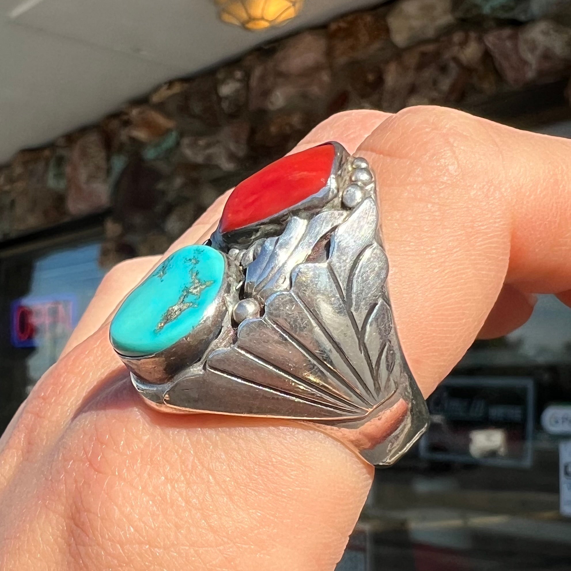 Vintage Men's Navajo Turquoise & Coral Ring, c.1960's | Burton's 