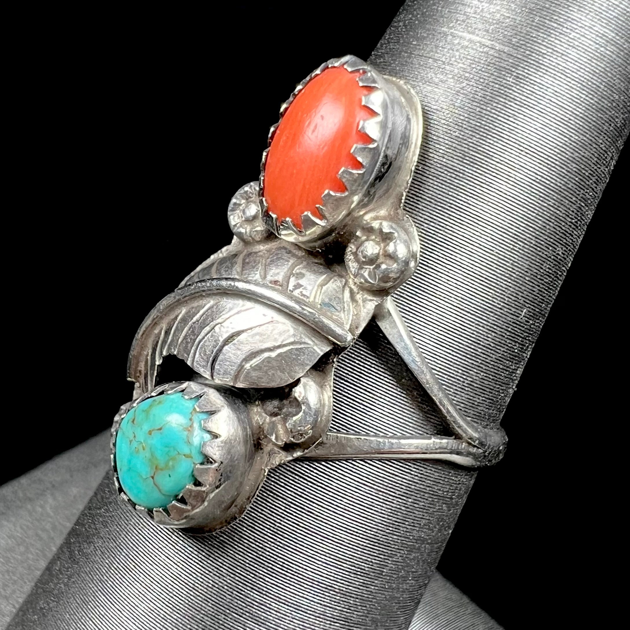 Navajo Turquoise & Coral Ring in Sterling Silver, c.1970's | Burton's –  Burton's Gems and Opals