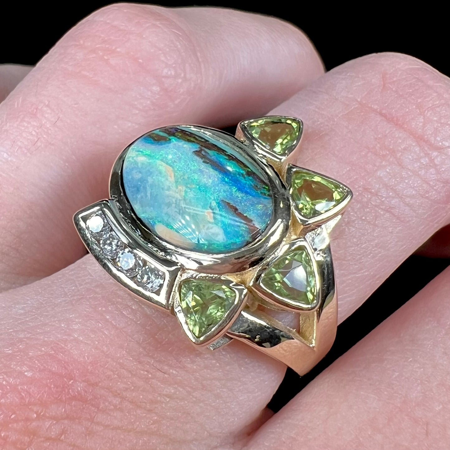 Dina | Custom Opalized Wood & Peridot Ring in 14kt Gold