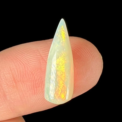 An opalized belemnite fossil from Coober Pedy, Australia.  The specimen has red, yellow, and green play of color.