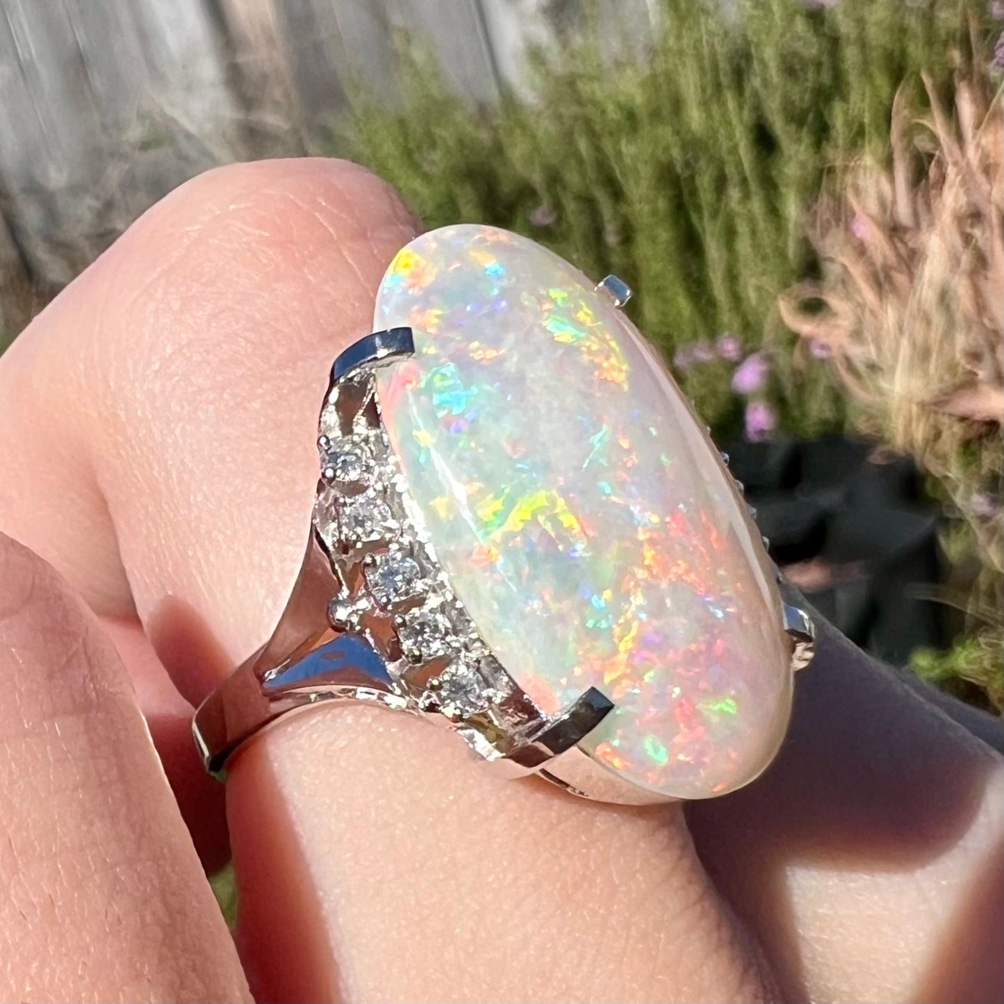 Princess Tsume | 6.44ct Coober Pedy Opal & Diamond Filigree Ring in Platinum