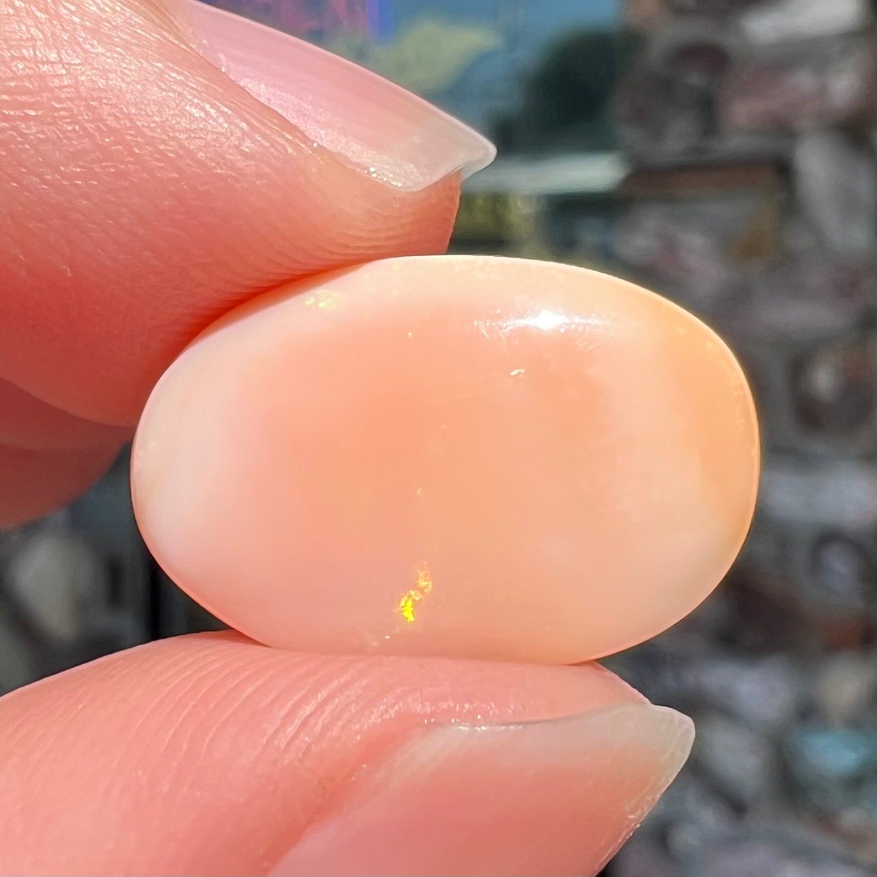 A loose, oval cabochon cut Peruvian opal stone.  The opal is a coral pink color.