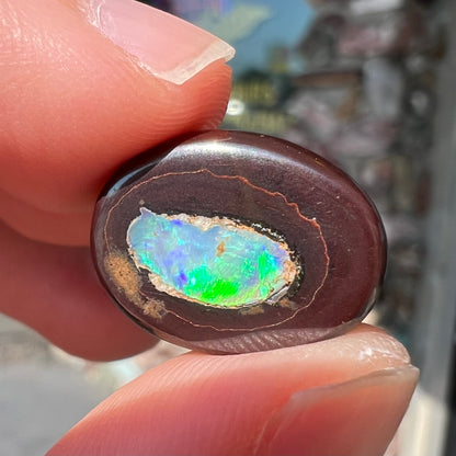 A polished Yowah nut opal stone.  The opal shines blue and green colors.