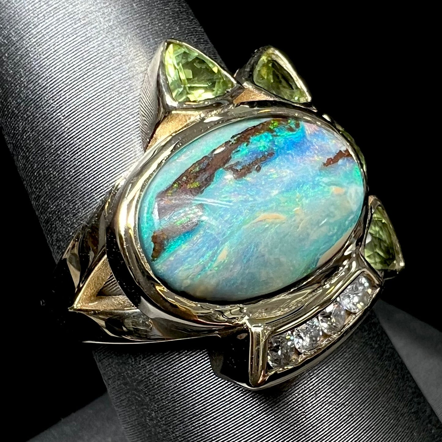 Dina | Custom Opalized Wood & Peridot Ring in 14kt Gold