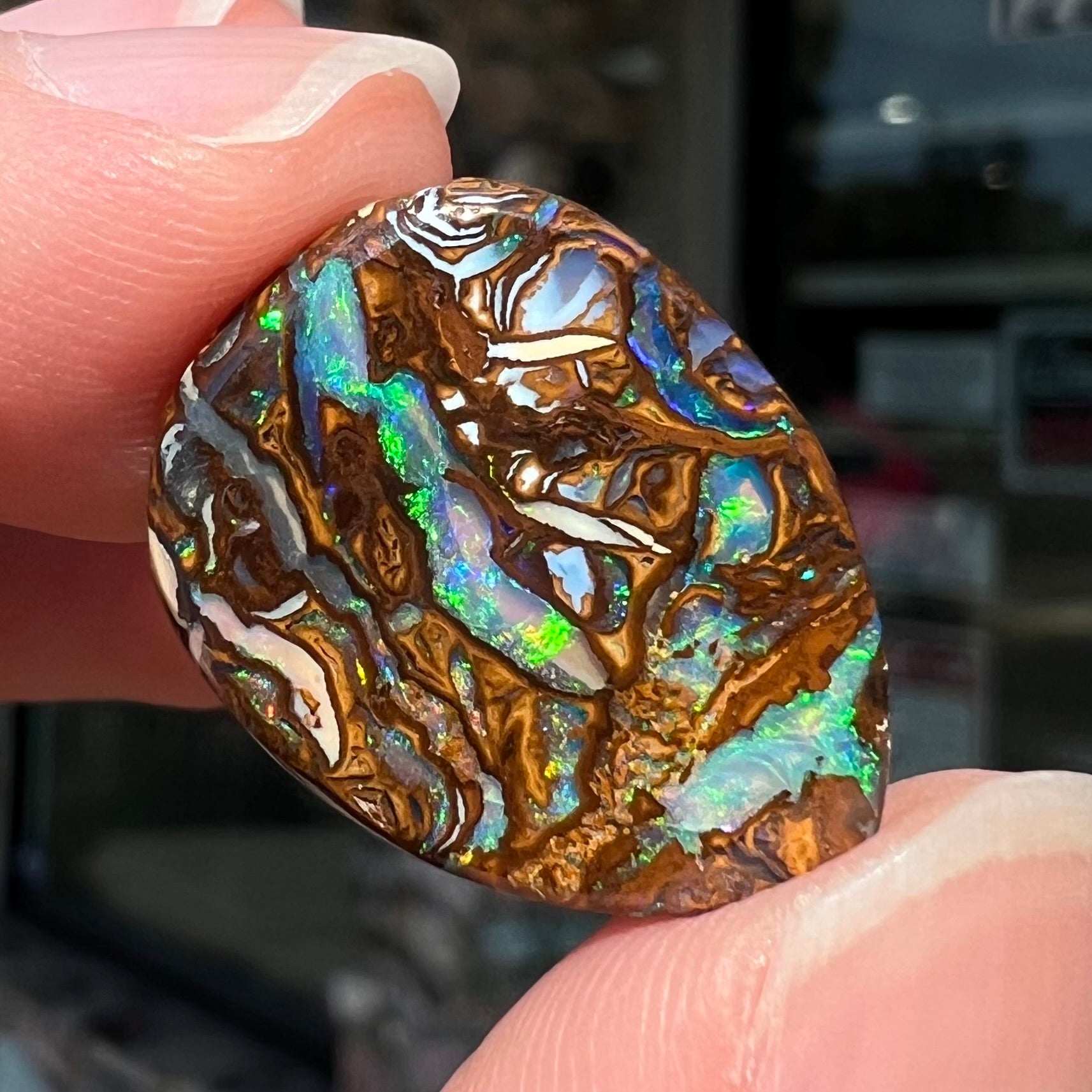 A loose, pear shaped boulder opal stone from Koroit, Australia that has vivd green and blue veins of color.