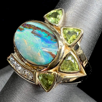 Dina | Custom Opalized Wood & Peridot Ring in 14kt Gold