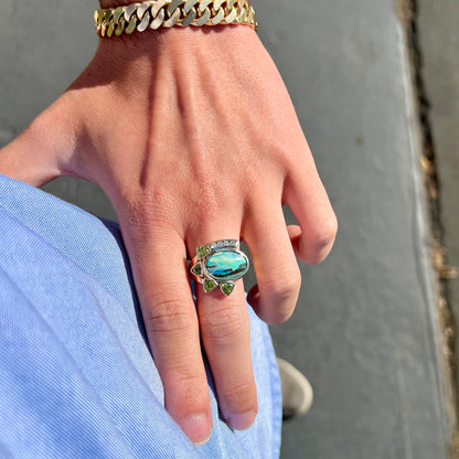 Dina | Custom Opalized Wood & Peridot Ring in 14kt Gold