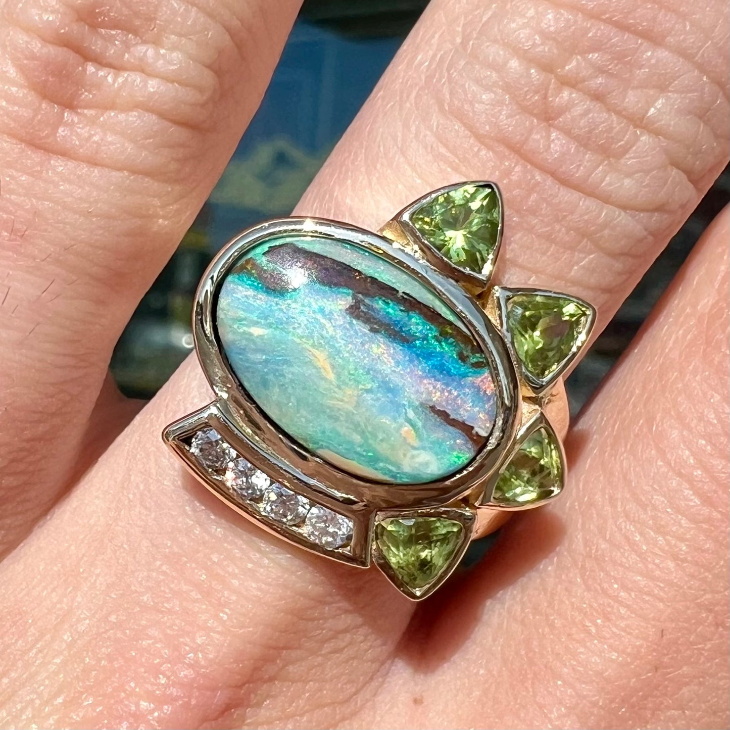 Dina | Custom Opalized Wood & Peridot Ring in 14kt Gold