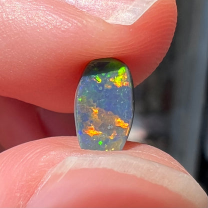 A loose, barrel shaped black opal stone from Lightning Ridge, Australia.