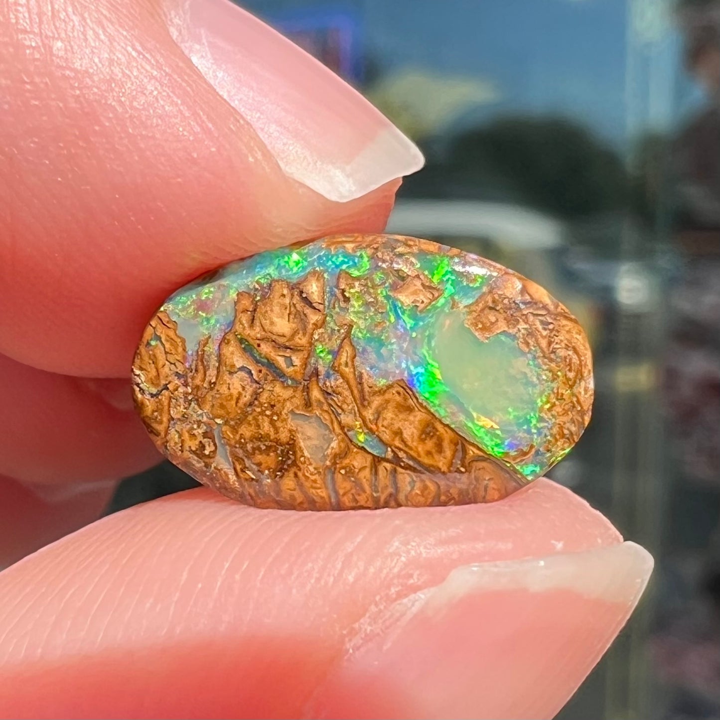 A loose, oval cabochon cut Koroit boulder opal with green fire.