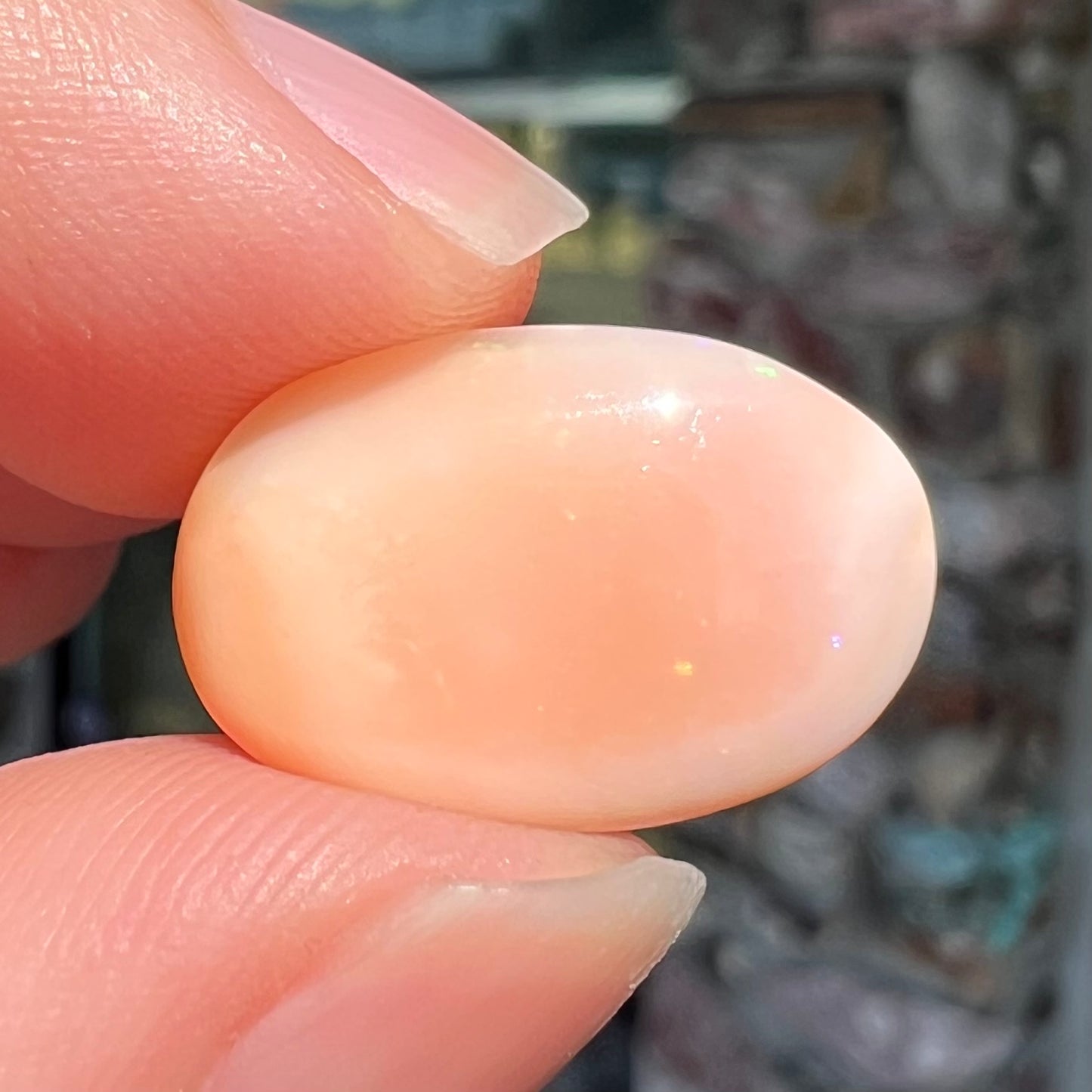 A loose, oval cabochon cut Peruvian opal stone.  The opal is a coral pink color.