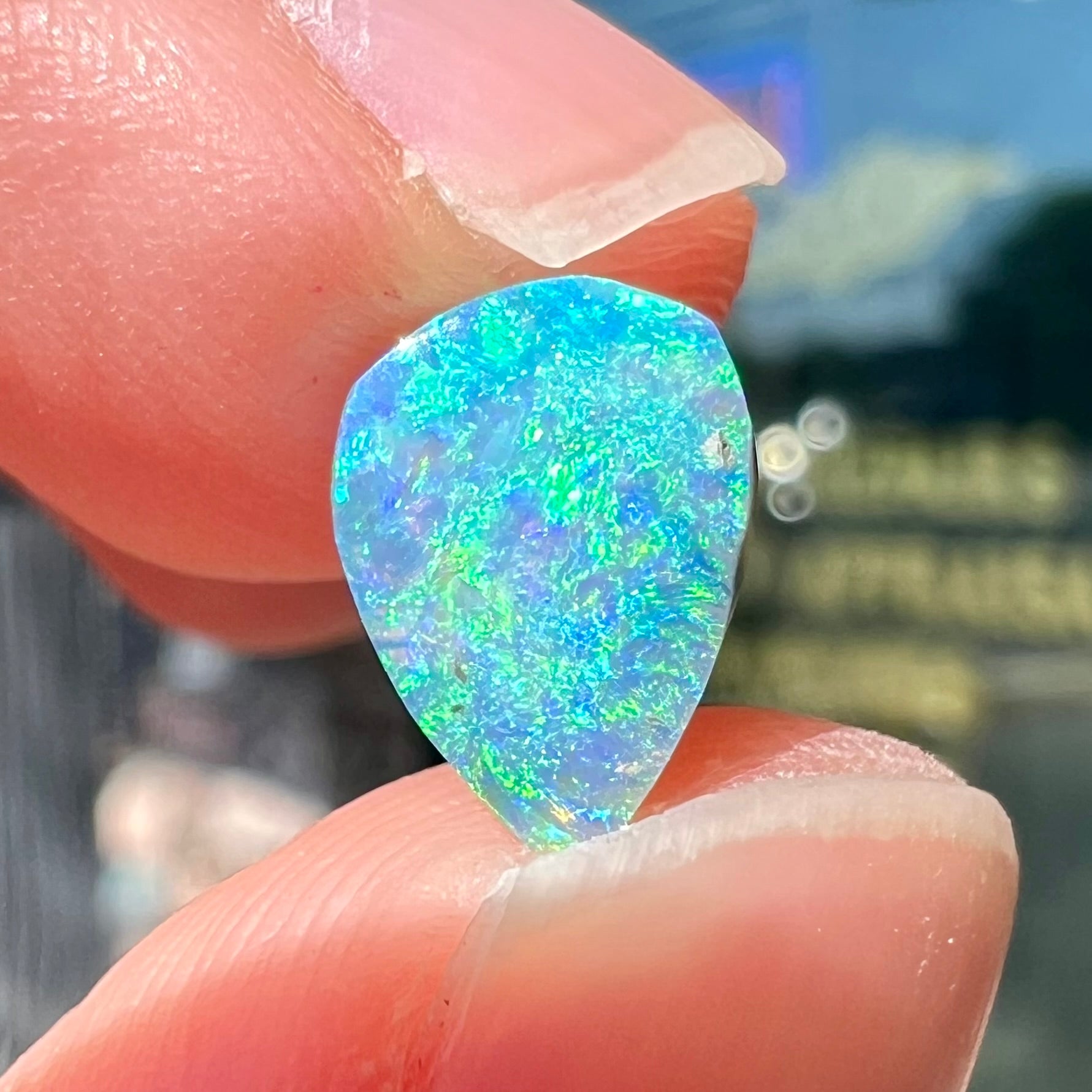 A loose, pear shaped black opal from LIghtning Ridge, Australia.  The opal shines blue and green colors.