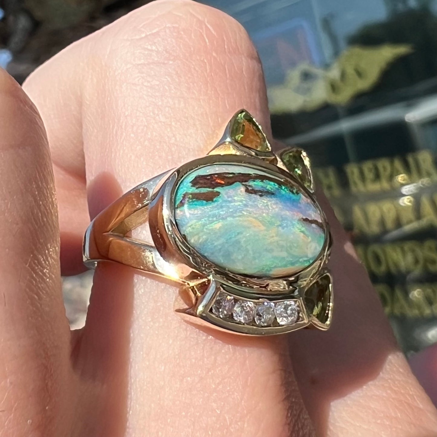 Dina | Custom Opalized Wood & Peridot Ring in 14kt Gold