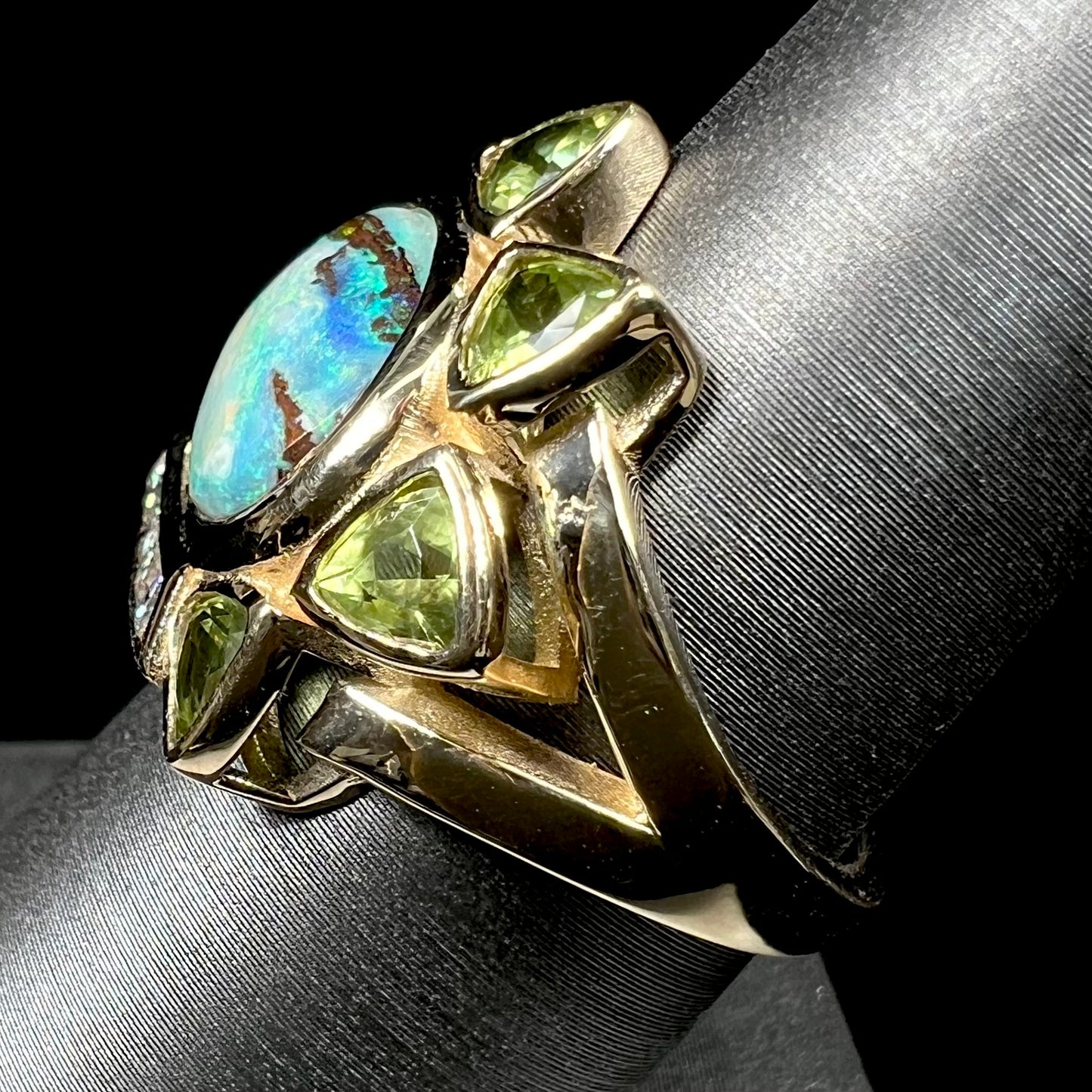 Dina | Custom Opalized Wood & Peridot Ring in 14kt Gold