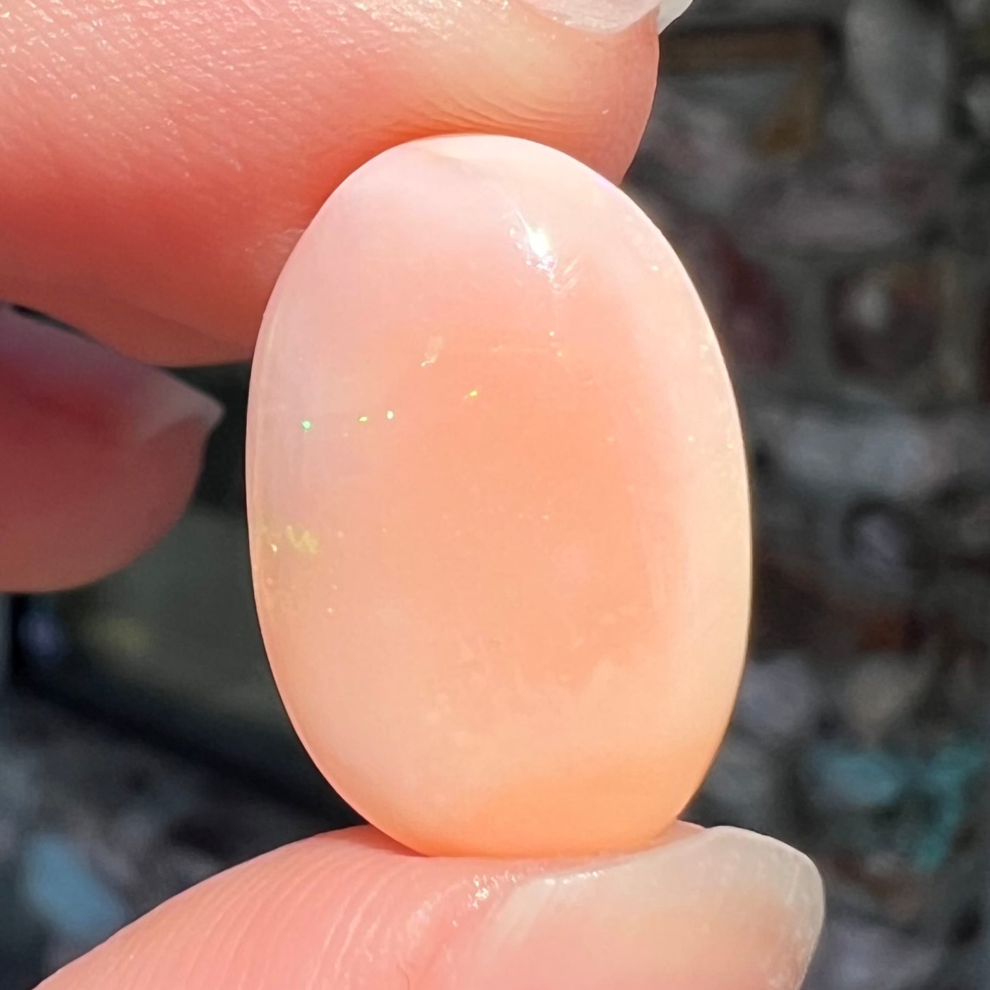 A loose, oval cabochon cut Peruvian opal stone.  The opal is a coral pink color.