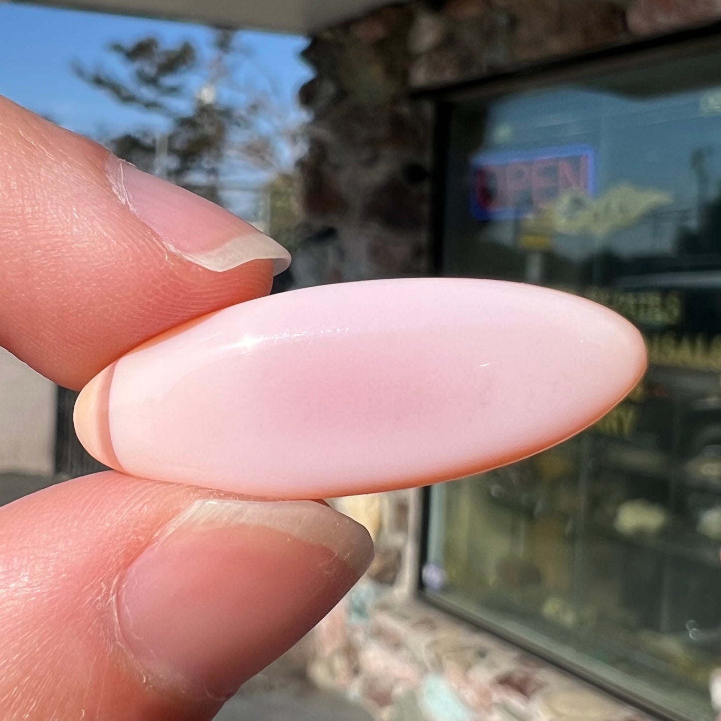 A loose, marquise cabochon cut pink common opal from Peru.  The opal has no play of color.