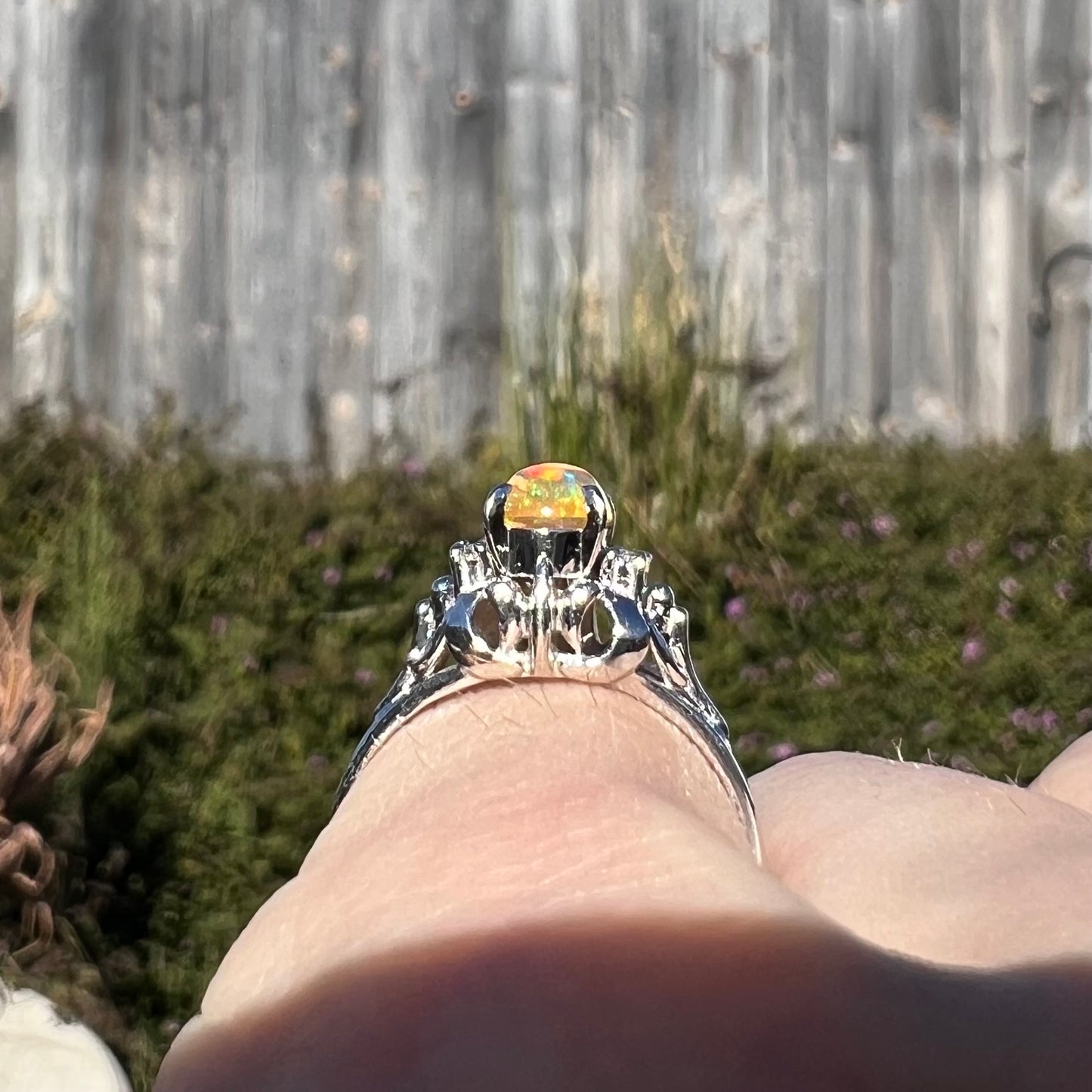 A platinum, diamond accented ring prong-set with an oval cabochon cut Mexican fire opal.