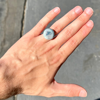 A round cabochon cut Lightning Ridge opal stone that has a picture of a bird of paradise.