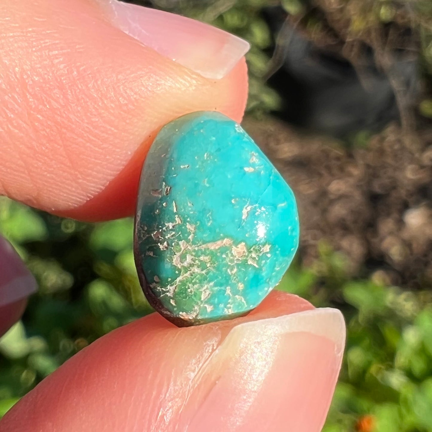 A loose, freeform cut Pilot Mountain turquoise cabochon.  The stone is greenish blue.