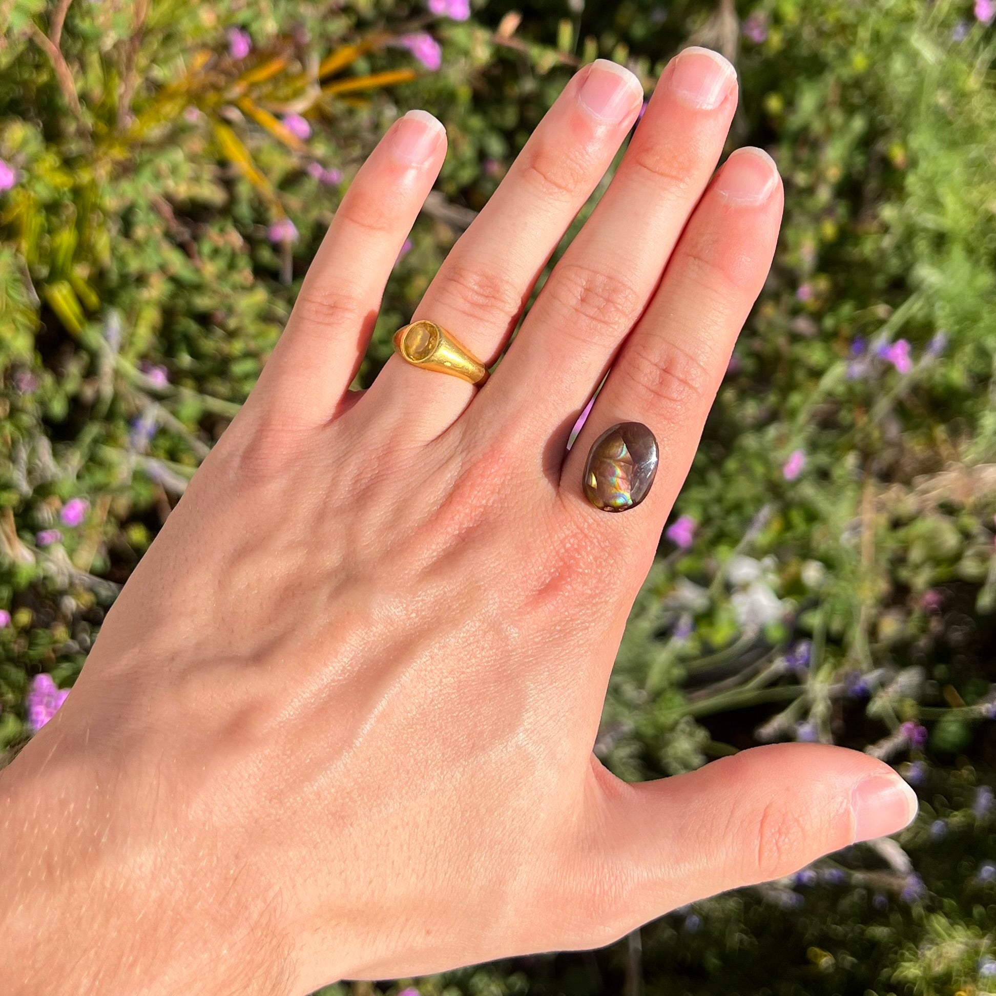 A loose, oval cabochon cut Mexican fire agate stone with pink, orange, and purple banding.