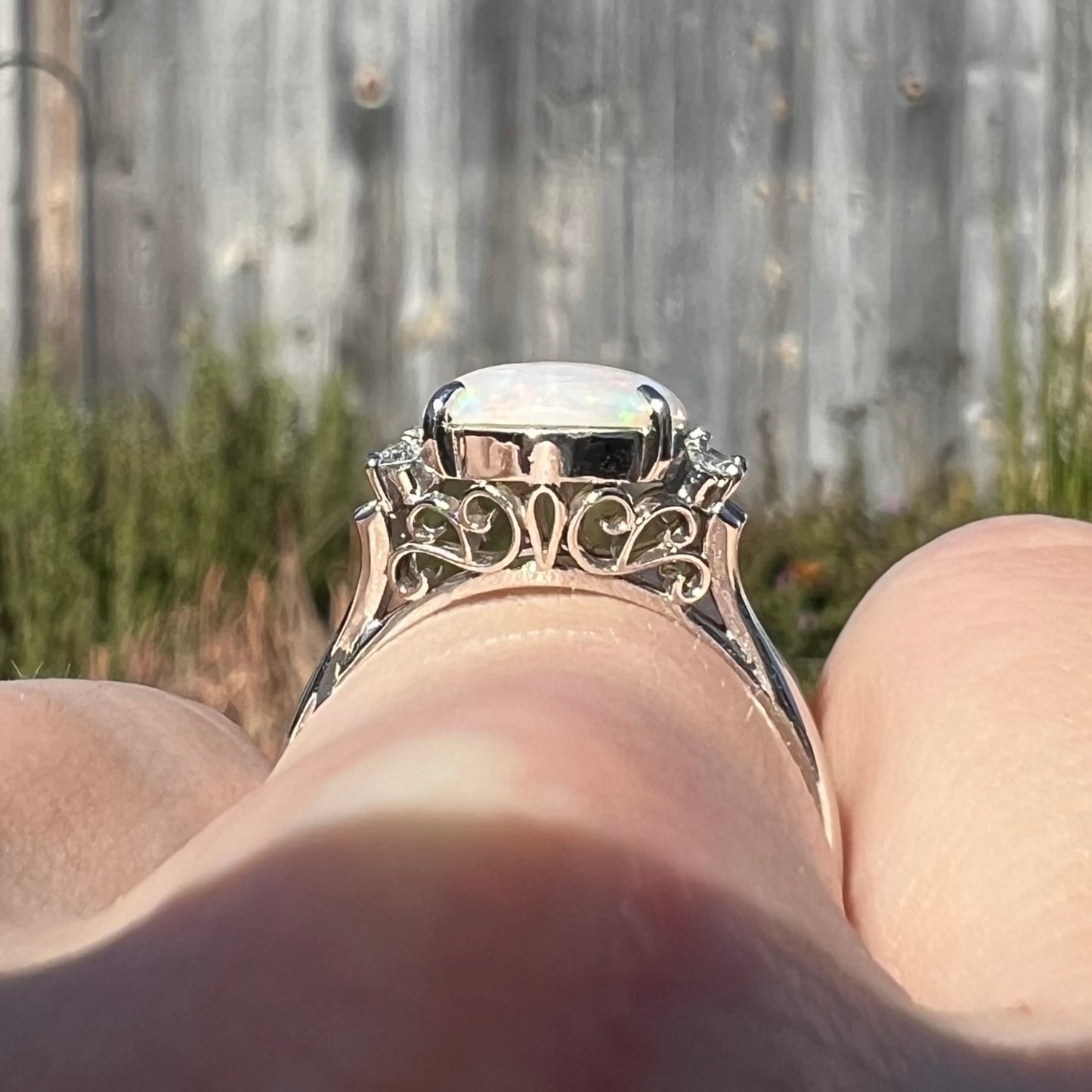 An Australian opal and diamond engagement ring in platinum.  The ring has filigree scrolling.