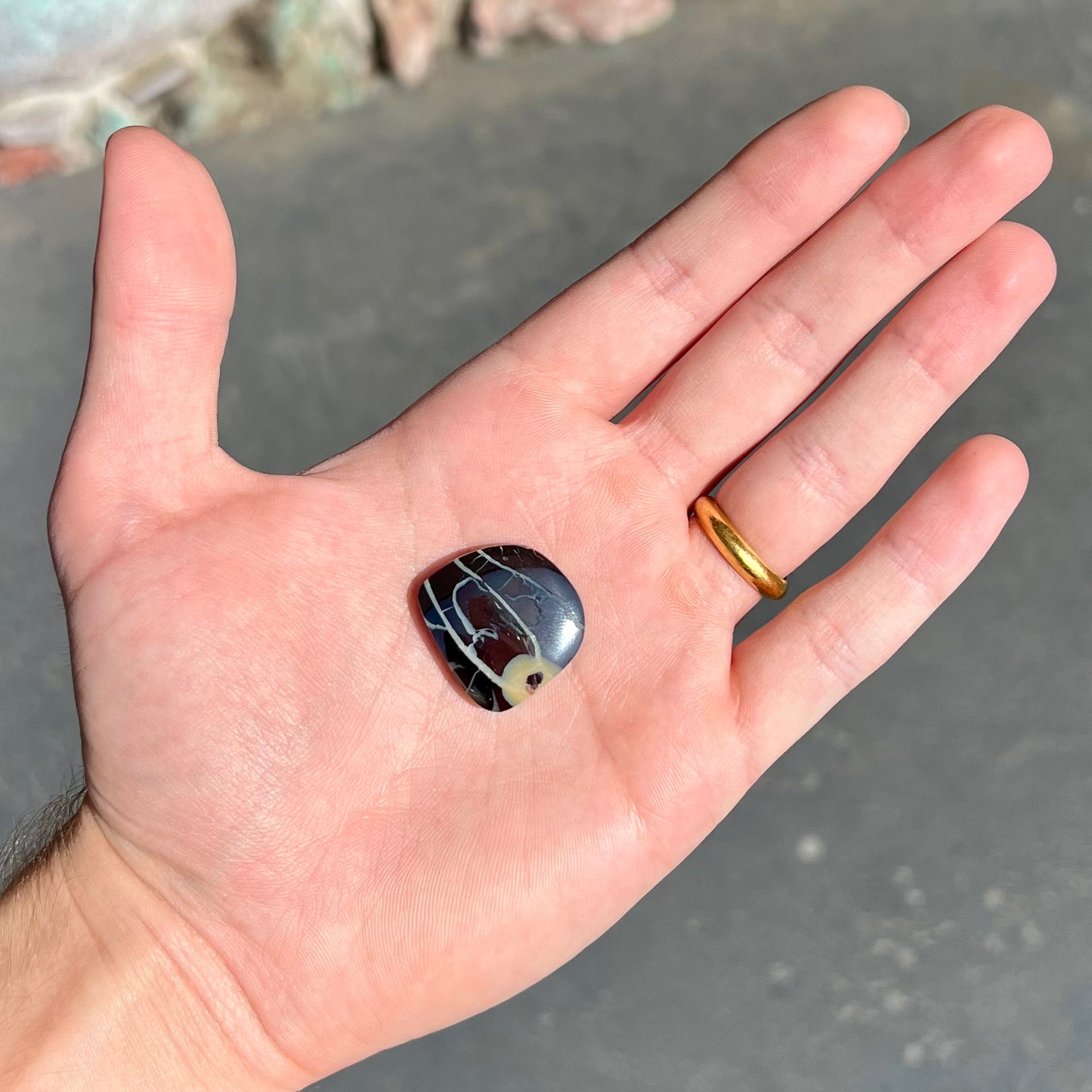 A polsihed, freeform Yowah nut opal specimen.  The stone is ironstone with common opal potch inclusions.