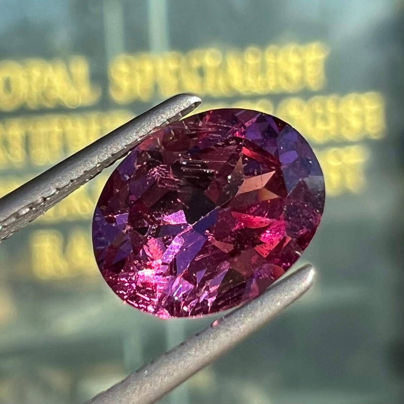 A loose, faceted oval cut purple rhodolite garnet gemstone.