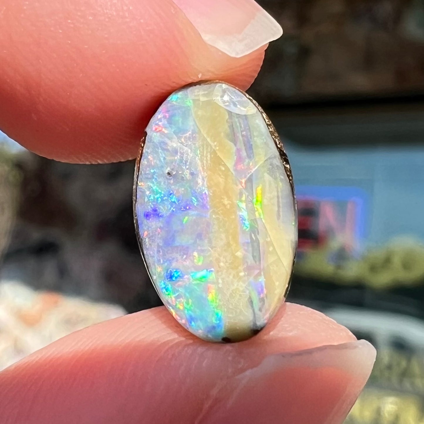 An oval cabochon cut boulder opal from Quilpie, Australia.  The opal has multicolor color play.