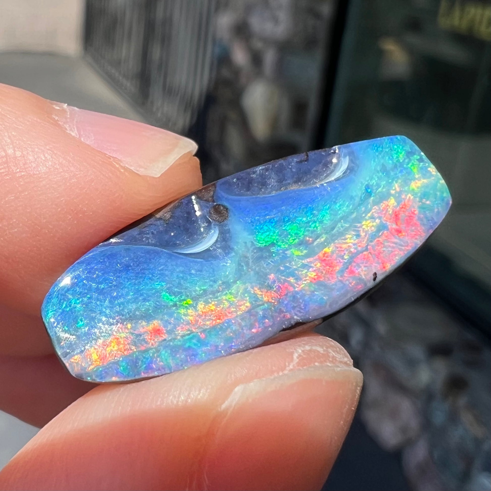 A barrel shaped boulder opal gemstone with a rainbow of colors.