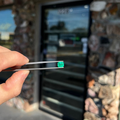 A loose, emerald cut natural emerald gemstone.