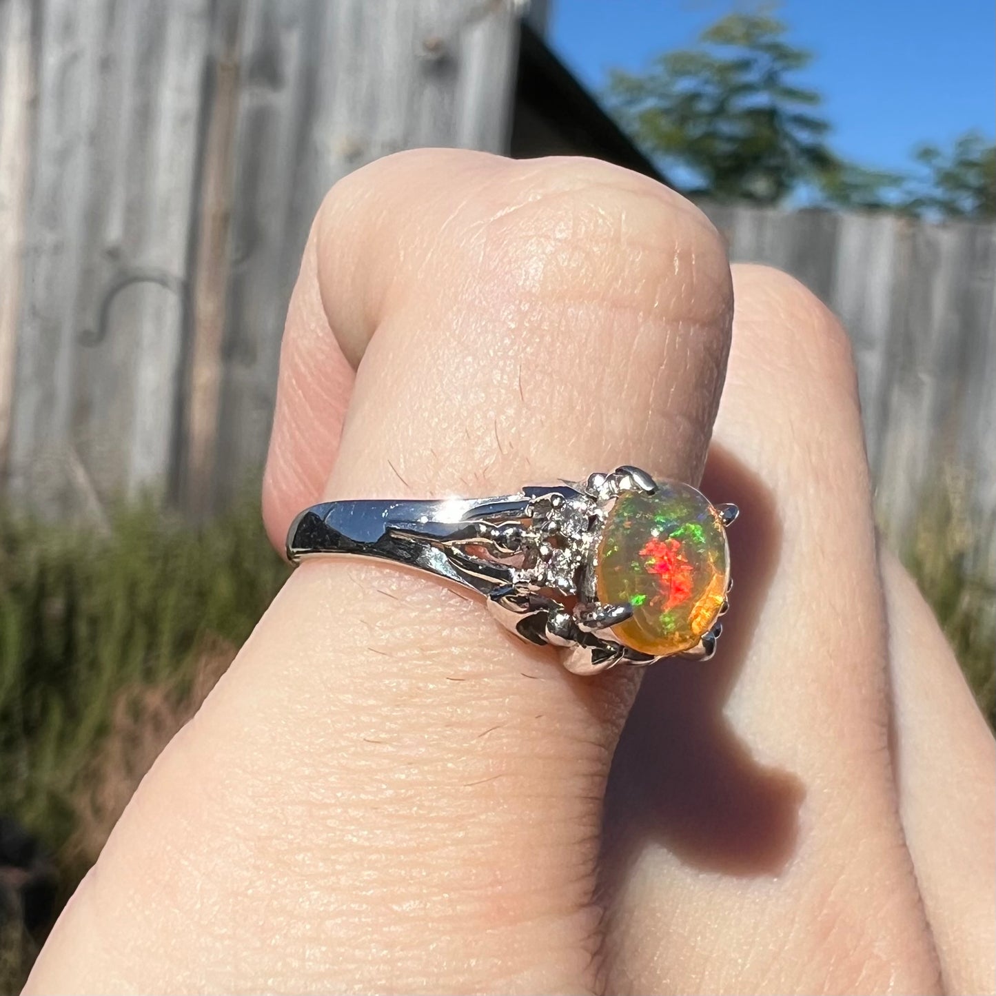 A platinum, diamond accented ring prong-set with an oval cabochon cut Mexican fire opal.