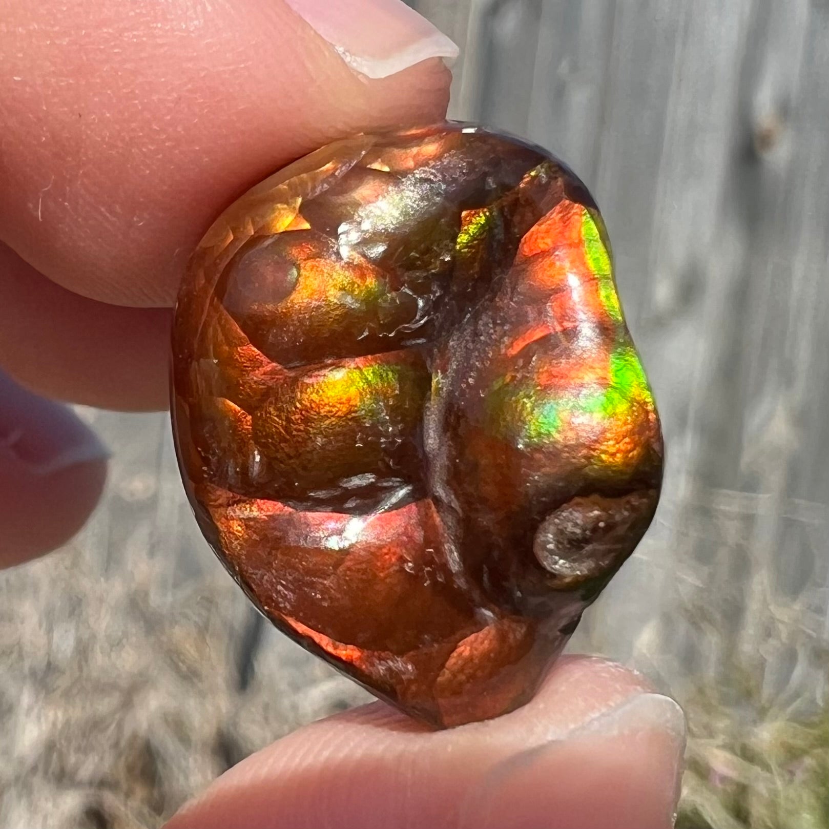 A large Mexican fire agate gemstone.  The stone is red with green iridescence and a waxy luster.