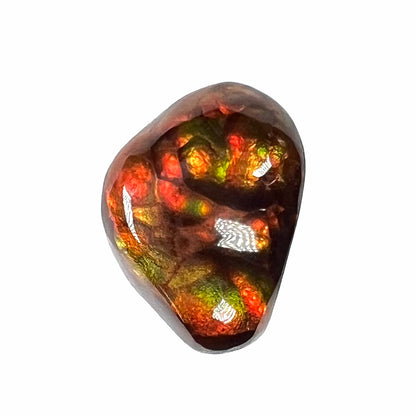 A loose, freeform fire agate gemstone.  The stone is red with green and orange banding.