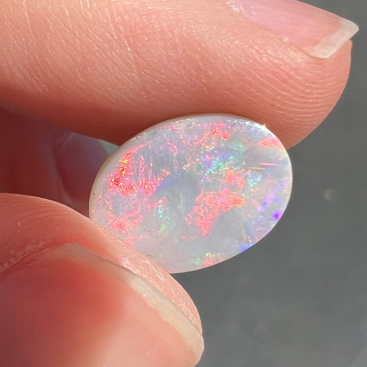 A loose oval cut opal stone from Lightning Ridge, Australia.  The opal shines pinkish red colors.