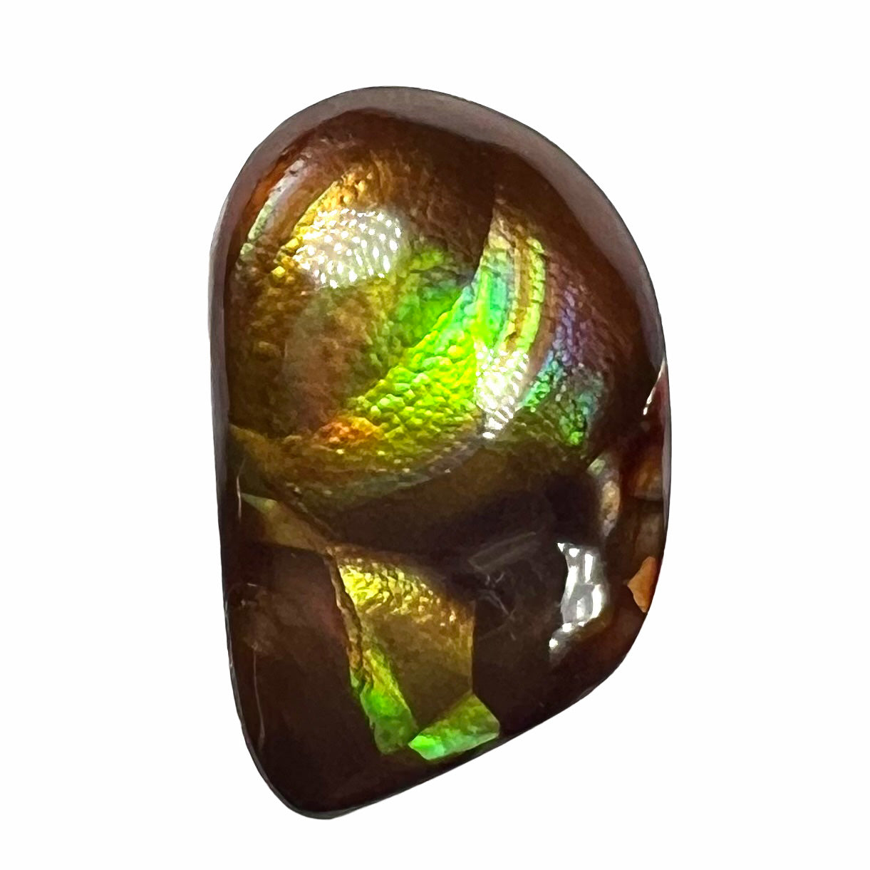 A brightly reflective Mexican fire agate cabochon.  The stone has a strong green iridescence.