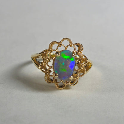 Riley | Lightning Ridge Australian Opal Filagree Flower Ring | 14kt Yellow Gold