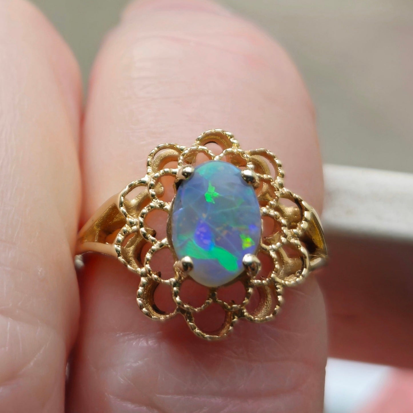 Riley | Lightning Ridge Australian Opal Filagree Flower Ring | 14kt Yellow Gold