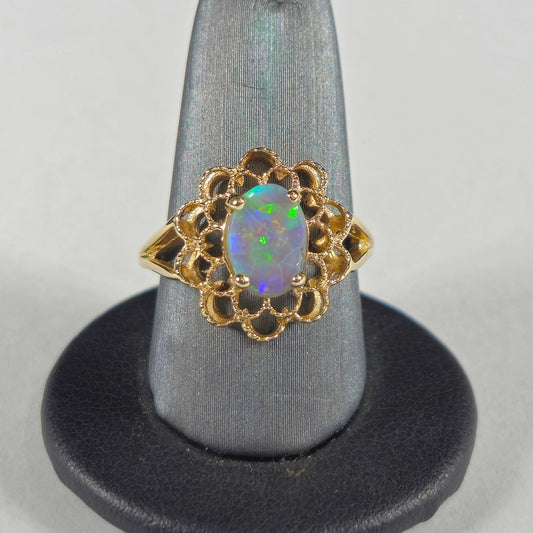 Riley | Lightning Ridge Australian Opal Filagree Flower Ring | 14kt Yellow Gold