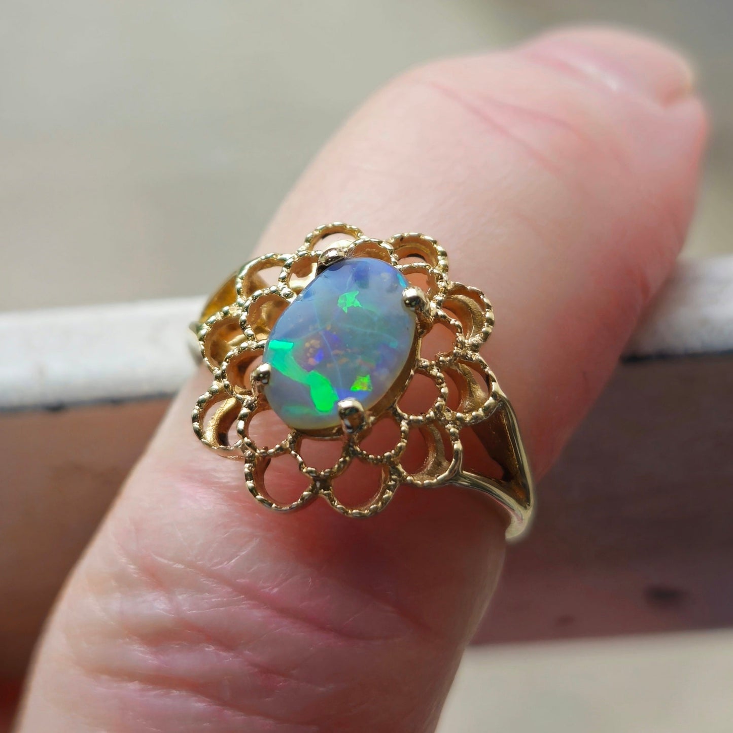 Riley | Lightning Ridge Australian Opal Filagree Flower Ring | 14kt Yellow Gold