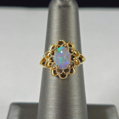 Riley | Lightning Ridge Australian Opal Filagree Flower Ring | 14kt Yellow Gold