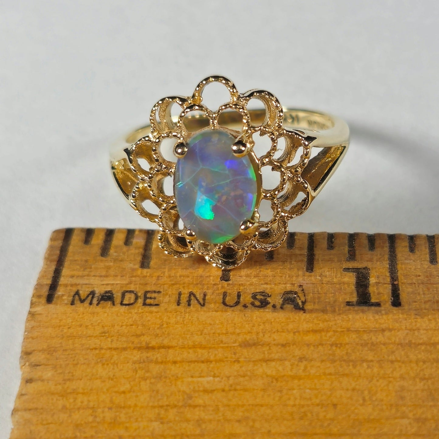 Riley | Lightning Ridge Australian Opal Filagree Flower Ring | 14kt Yellow Gold